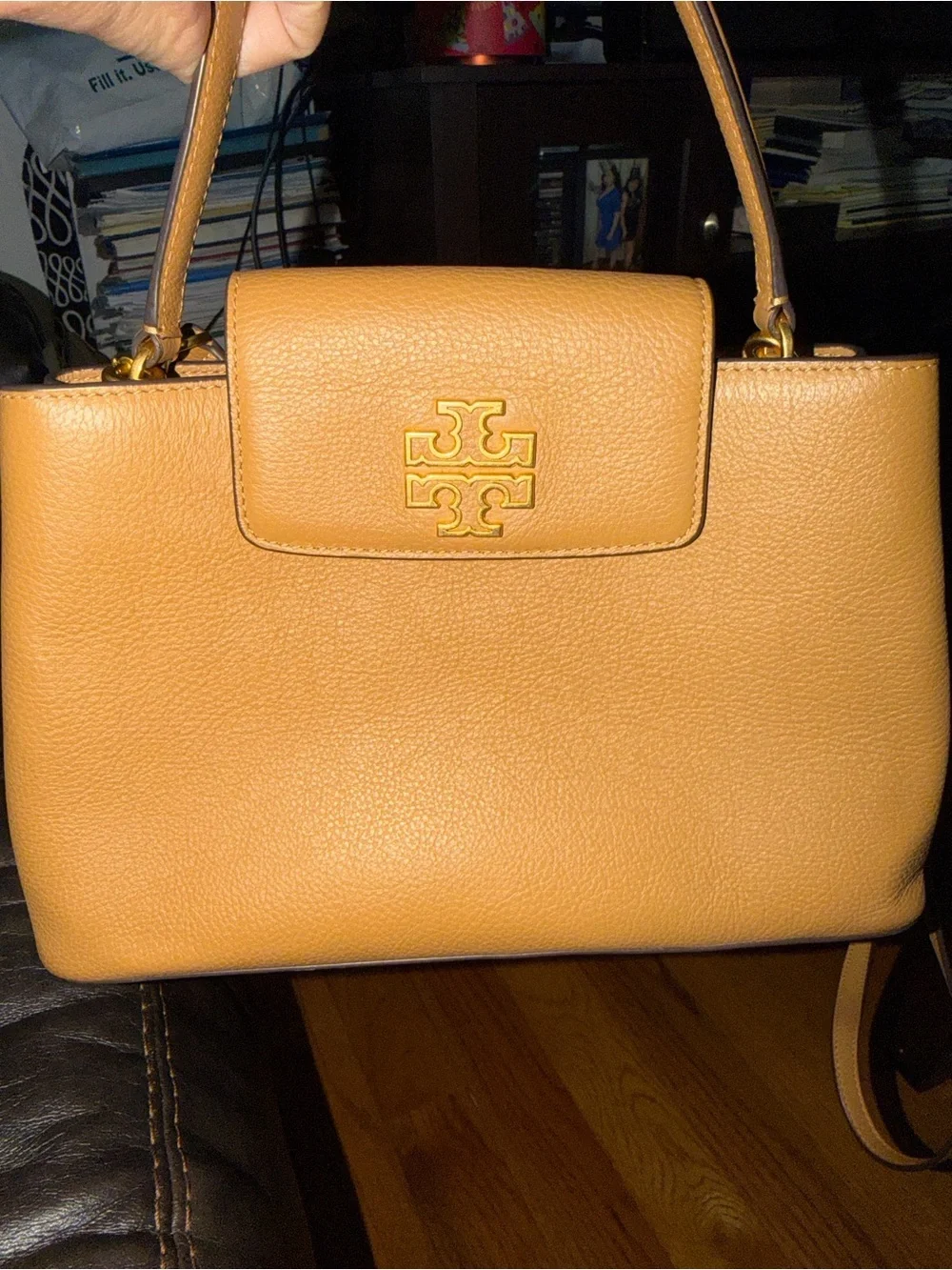 Tory Burch Camel/Tan Pebbled Leather Tote with Zip Wallet Britten Collection.